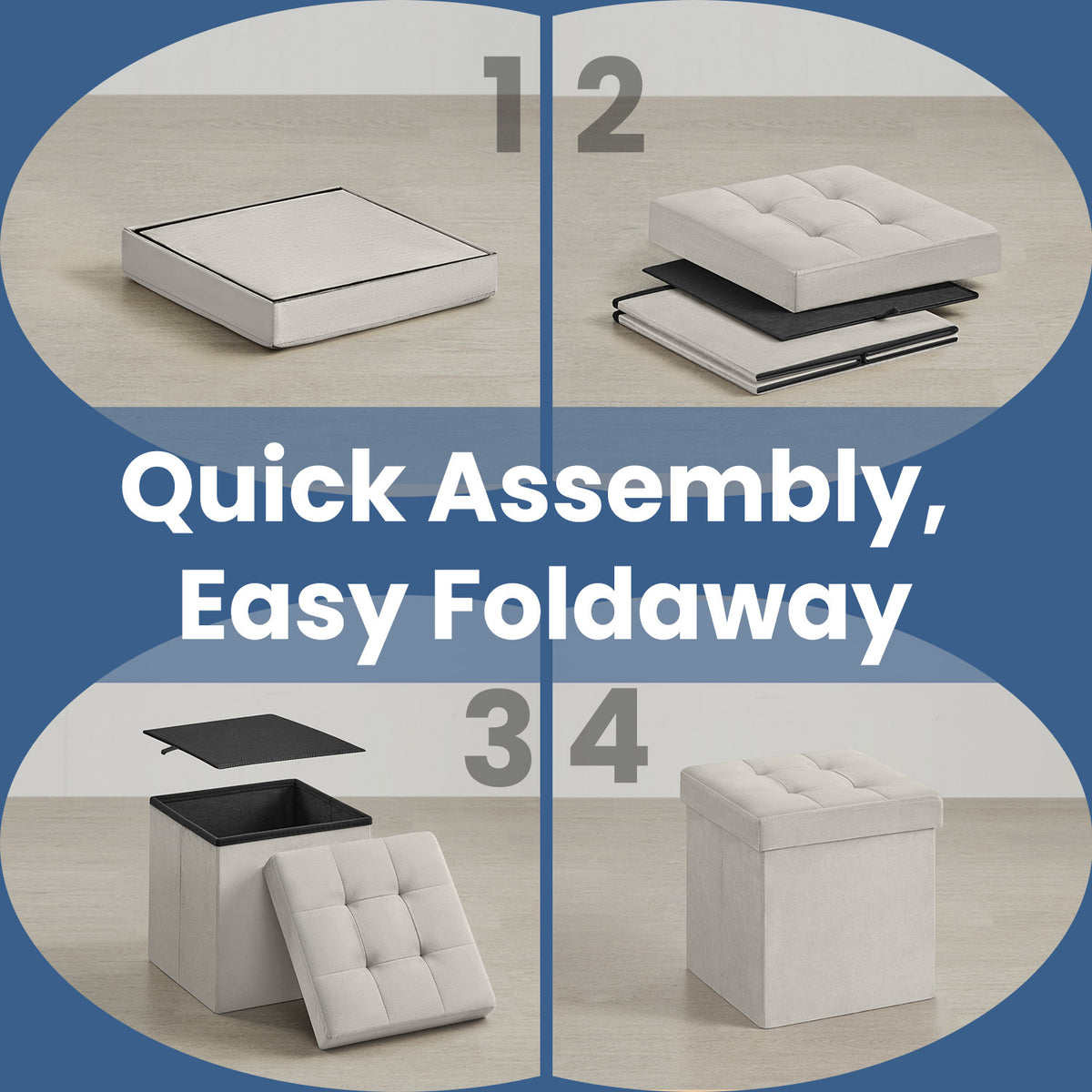 LEDREM Folding Storage Ottoman Cube, Velvet Footstool with Cushion, 15 x 15 x 15 Inches, White