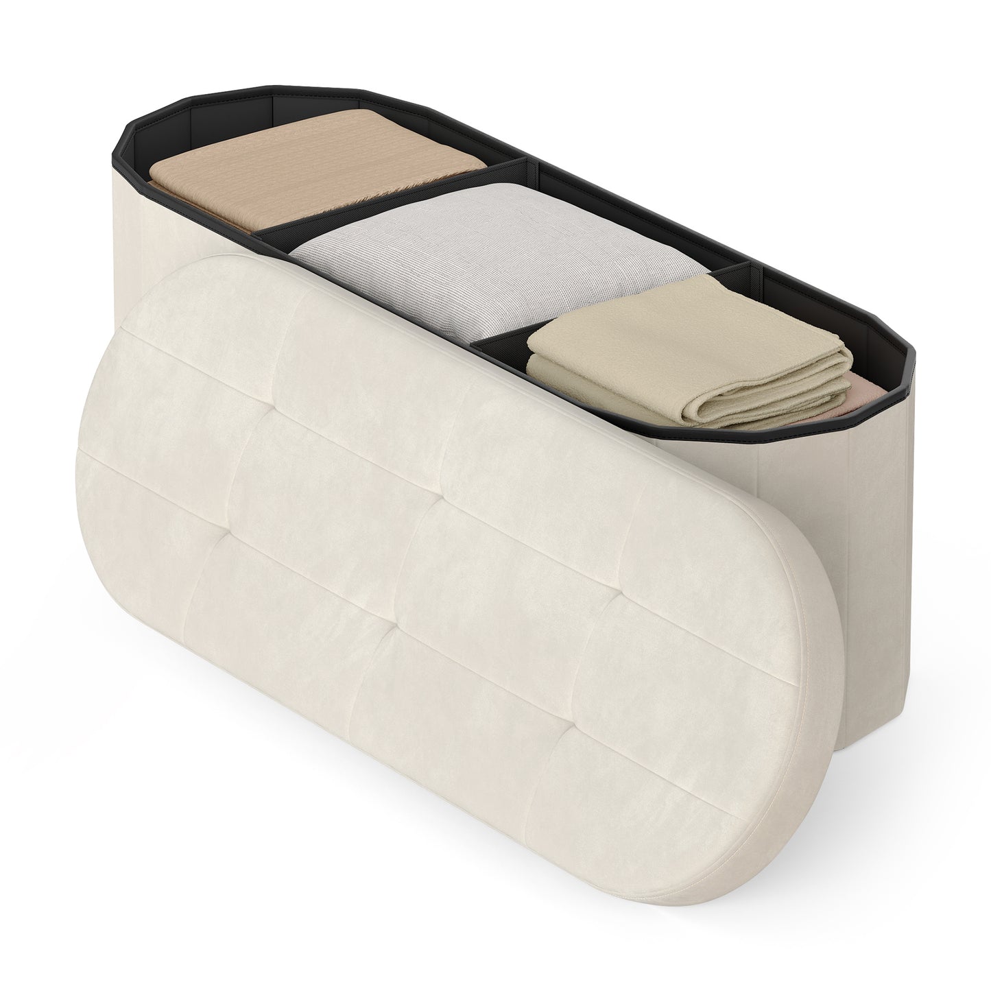 Folding Ottoman with Storage, Oval Storage Ottoman Bench, Velvet Fabric, 15 x 43 x 15 Inches, for Living Room Bedroom, Cream White