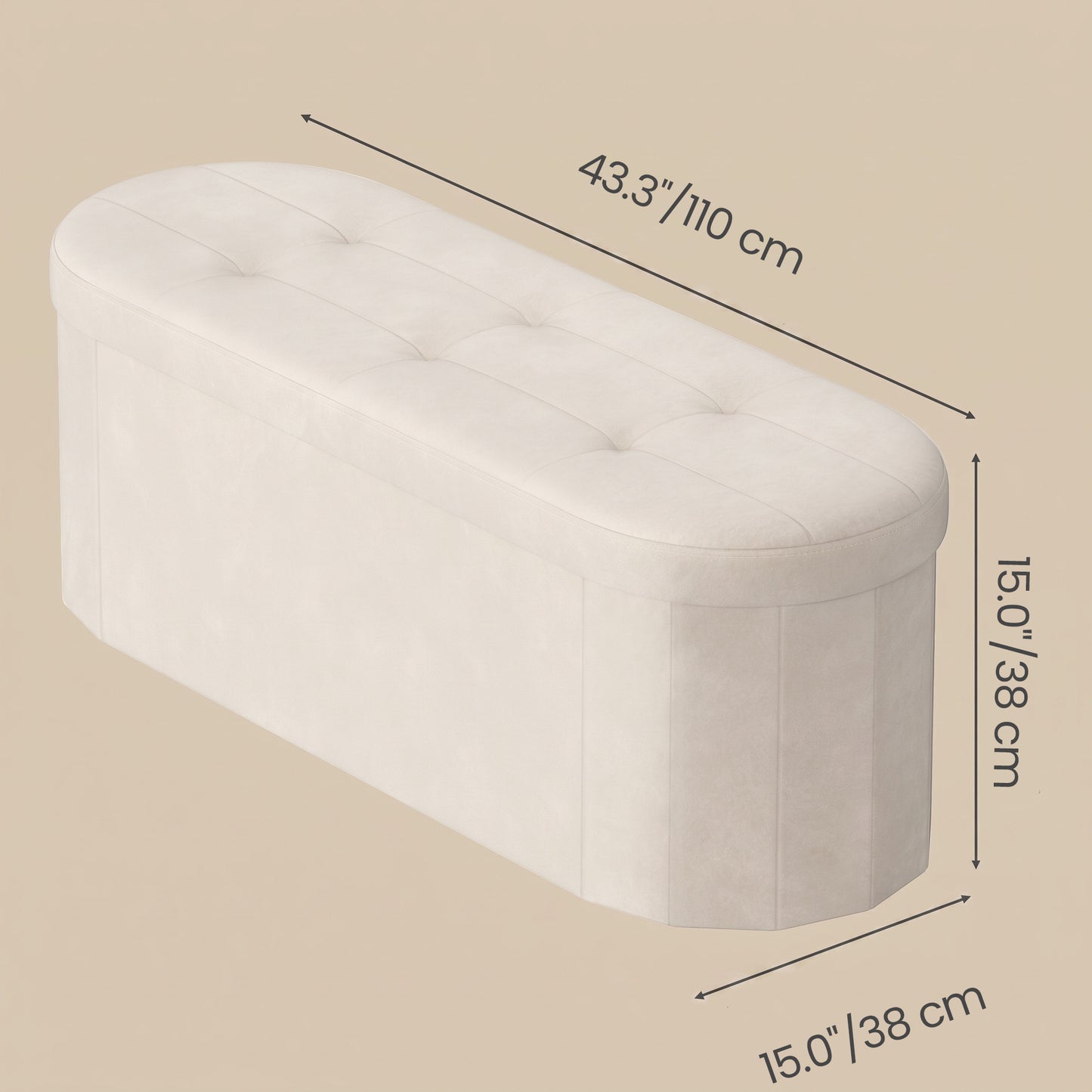 Folding Ottoman with Storage, Oval Storage Ottoman Bench, Velvet Fabric, 15 x 43 x 15 Inches, for Living Room Bedroom, Cream White