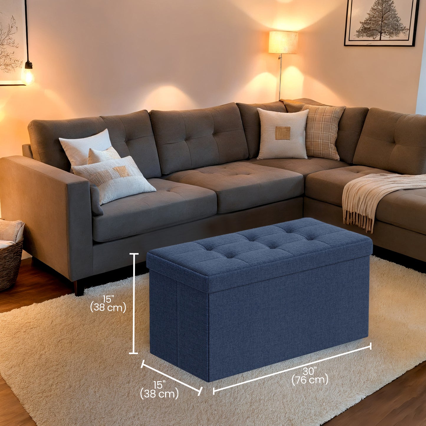 30" Foldable Storage Ottoman Bench with Removable Divider, 660lb Capacity, 3-in-1 Multi-Functional, Midnight Blue