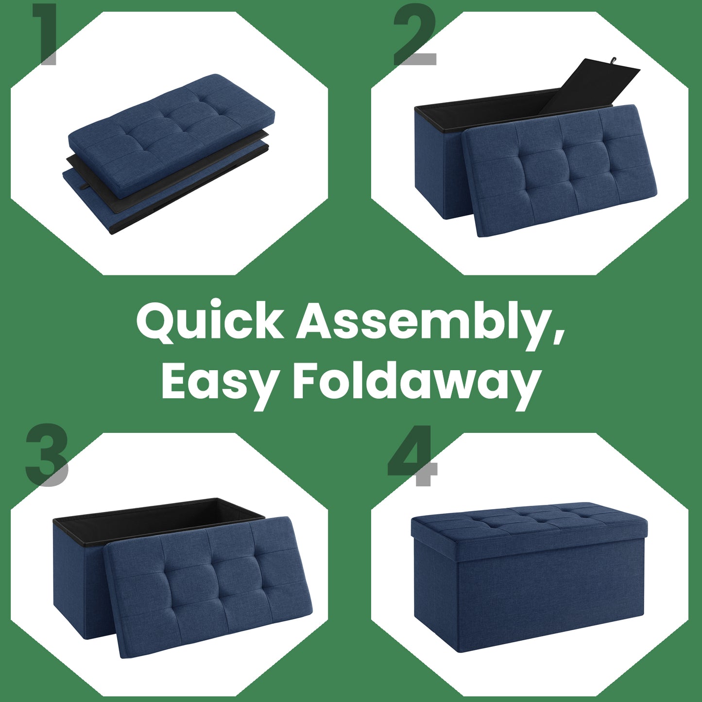 30" Foldable Storage Ottoman Bench with Removable Divider, 660lb Capacity, 3-in-1 Multi-Functional, Midnight Blue