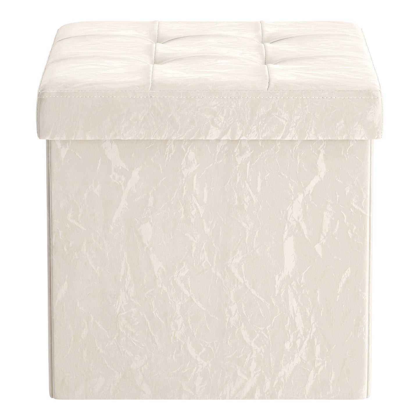 Textured PU Leather Storage Ottoman, Foldable Cushioned Footstool, 15 x 15 x 15 Inches, White
