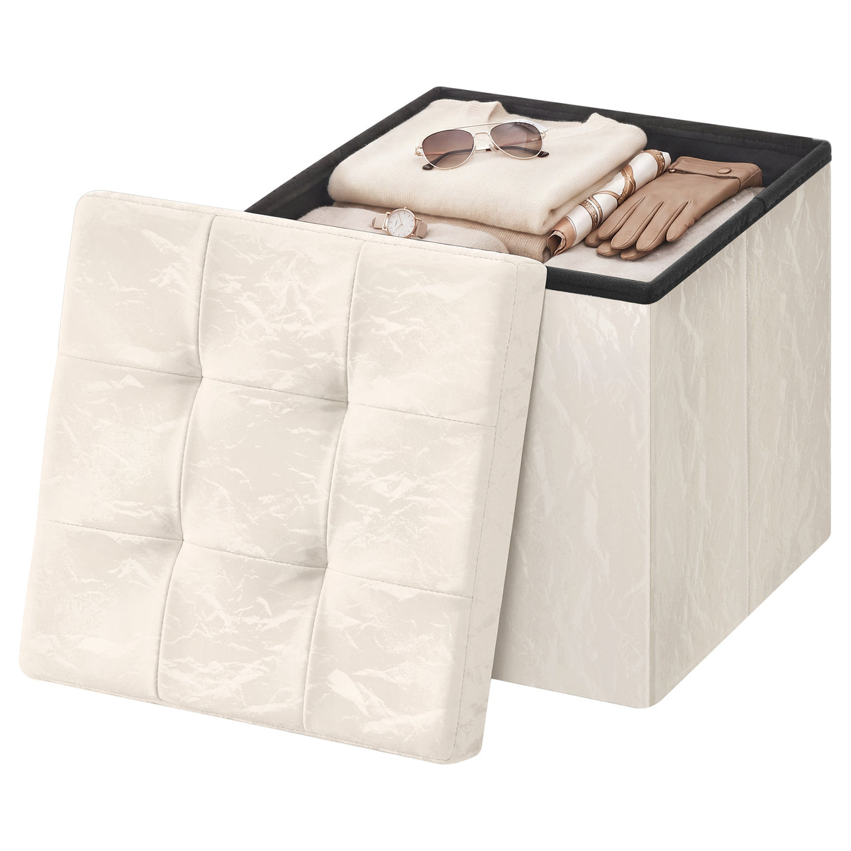 Textured PU Leather Storage Ottoman, Foldable Cushioned Footstool, 15 x 15 x 15 Inches, White