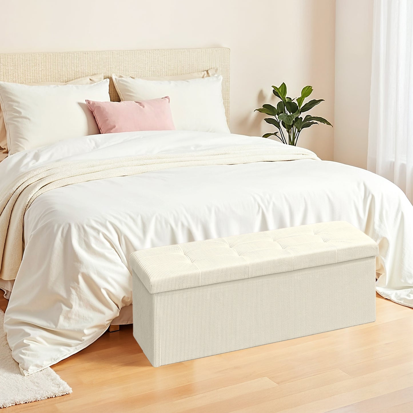 Foldable Storage Ottoman Bench, 43" Long with 35-Gallon Capacity, 660lb Weight Limit, Multi-Functional for Living Room/Bedroom, Cream White