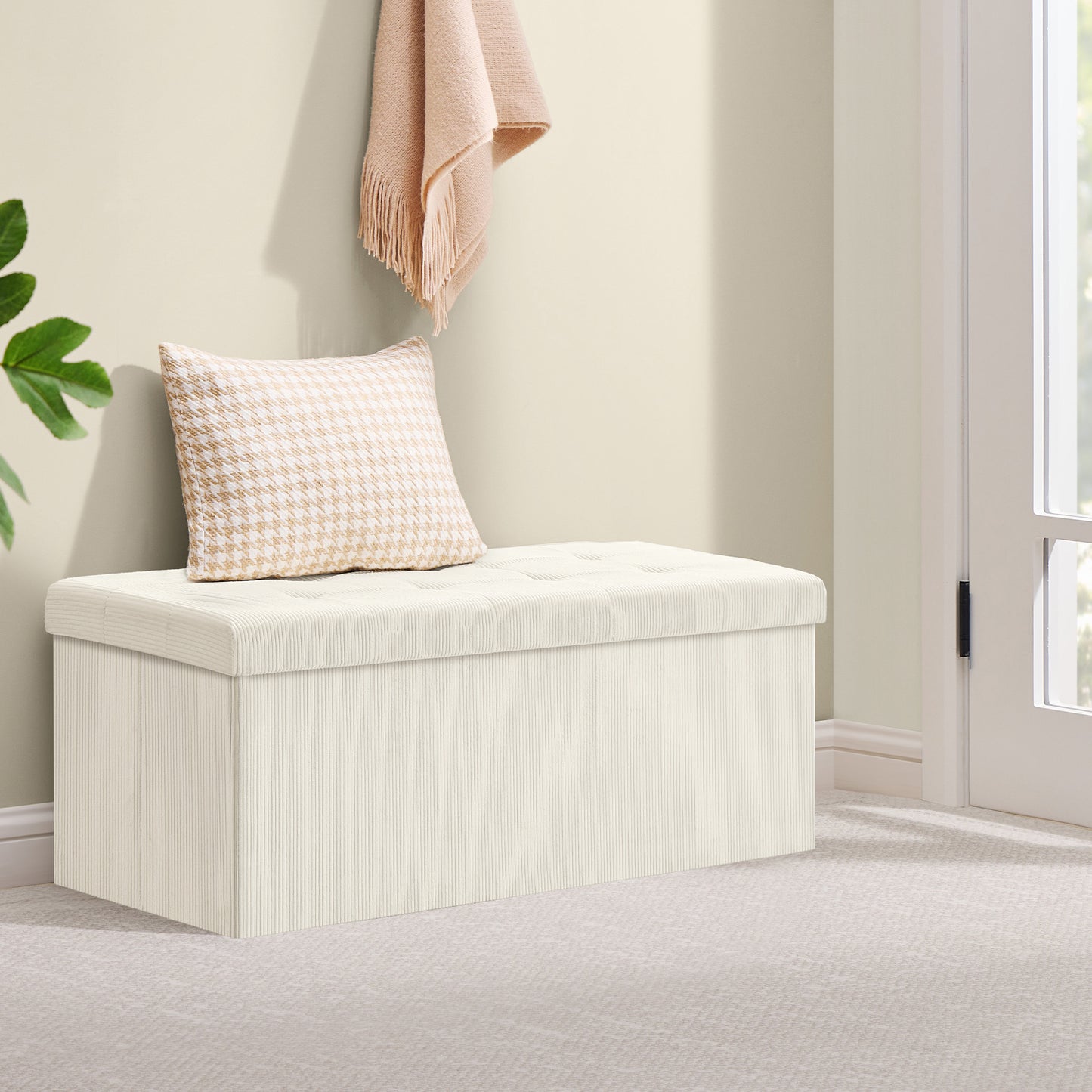 Foldable Storage Ottoman Bench, 43" Long with 35-Gallon Capacity, 660lb Weight Limit, Multi-Functional for Living Room/Bedroom, Cream White