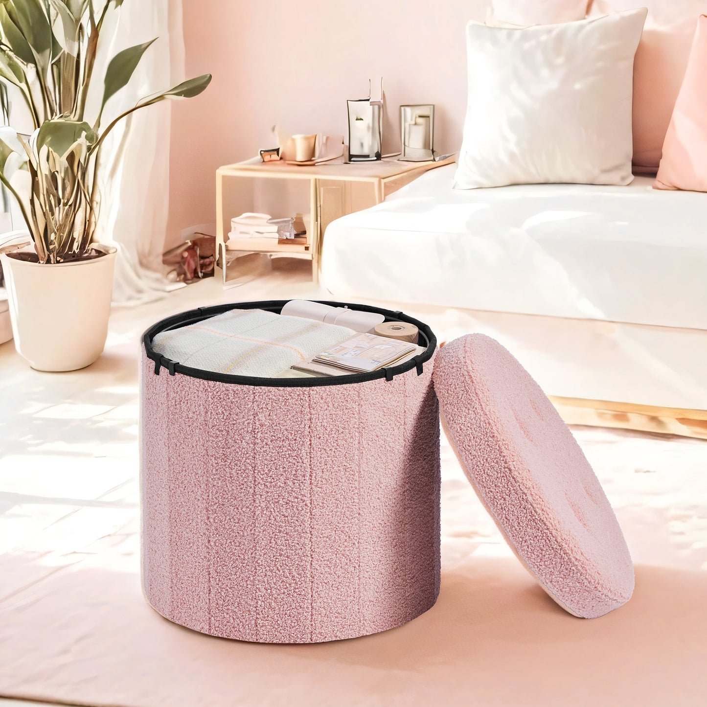 Round Storage Ottoman with Removable Lid, 18.1 Inch Folding Footrest Stool with Teddy Fleece, Jelly Pink