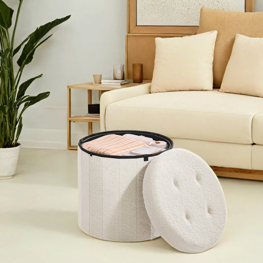 Round Storage Ottoman with Removable Lid, 18.1 Inch Folding Footrest Stool with Teddy Fleece, Cream White