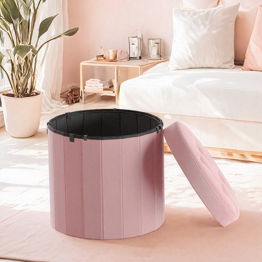 Round Storage Ottoman with Removable Lid, 18.1 Inch Folding Footrest Stool with Velvet Cover, Jelly Pink