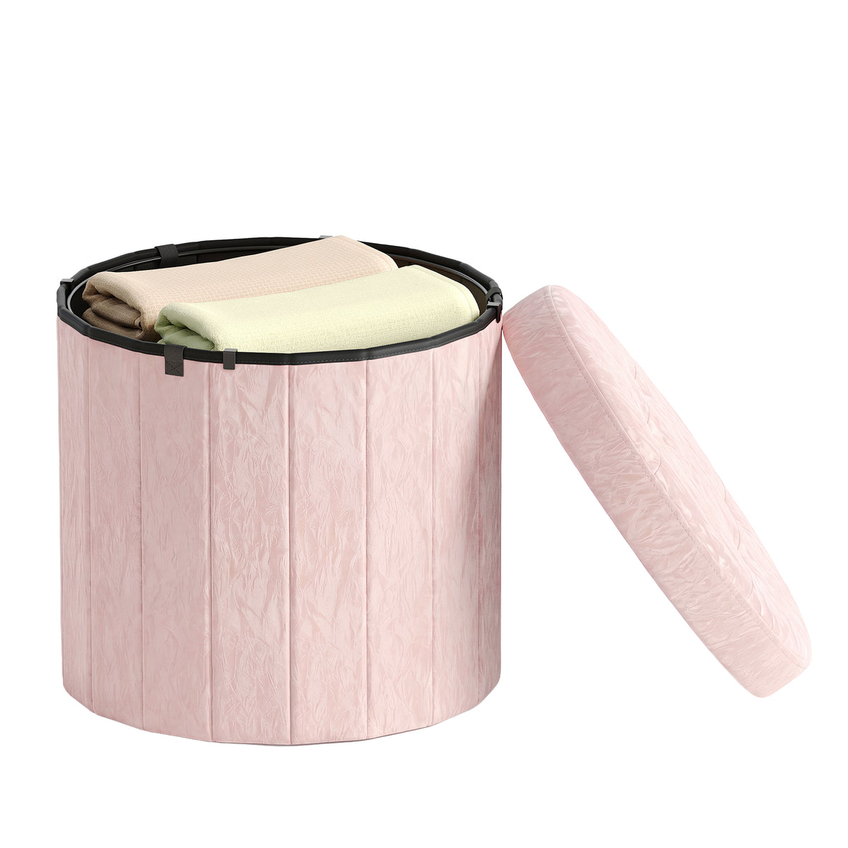 Storage Ottoman, PU Leather Vanity Stool with 65L Hidden Compartment, Round Foot Rest Bench for Bedroom, Pink