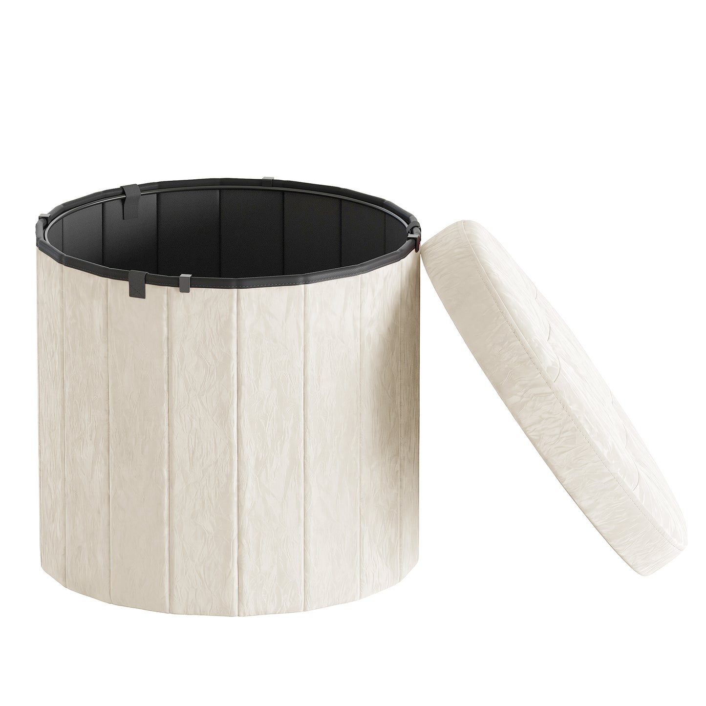 Storage Ottoman, PU Leather Vanity Stool with 65L Hidden Compartment, Round Foot Rest Bench for Bedroom, Warm White