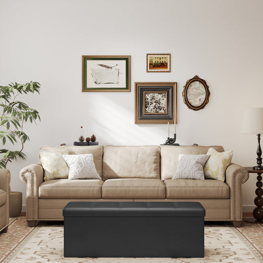 Collection - 43" Foldable Storage Ottoman Bench, 660lb Capacity, 3-in-1 Multi-Functional, Easy-Clean Synthetic Leather, Black