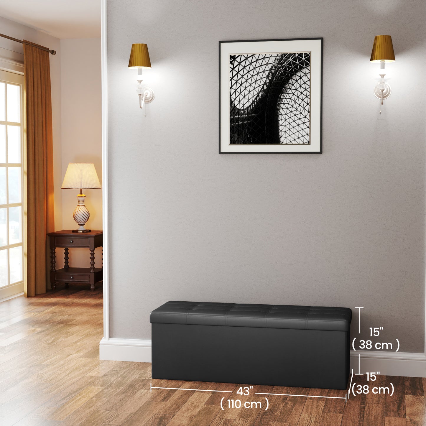Collection - 43" Foldable Storage Ottoman Bench, 660lb Capacity, 3-in-1 Multi-Functional, Easy-Clean Synthetic Leather, Black