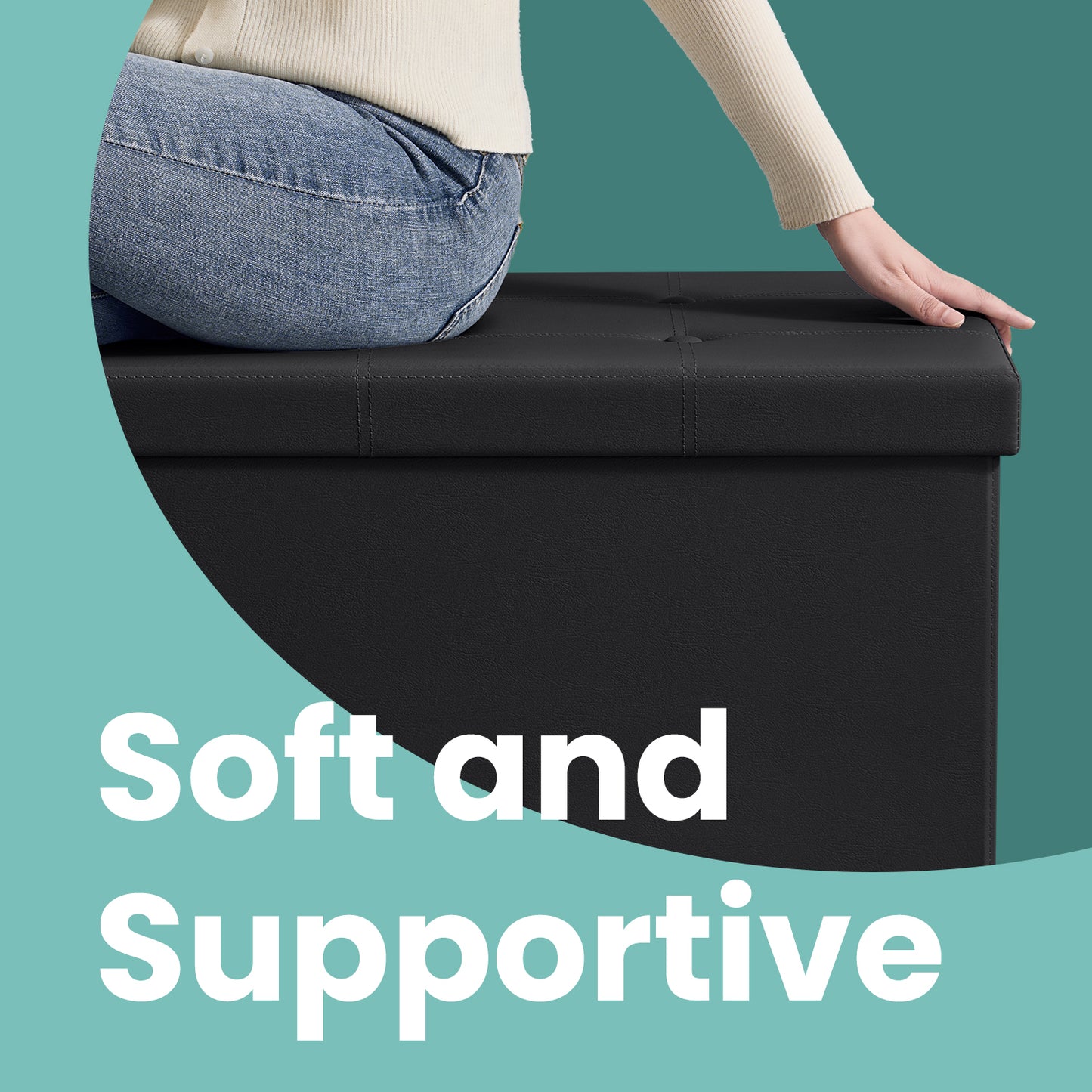 Collection - 43" Foldable Storage Ottoman Bench, 660lb Capacity, 3-in-1 Multi-Functional, Easy-Clean Synthetic Leather, Black
