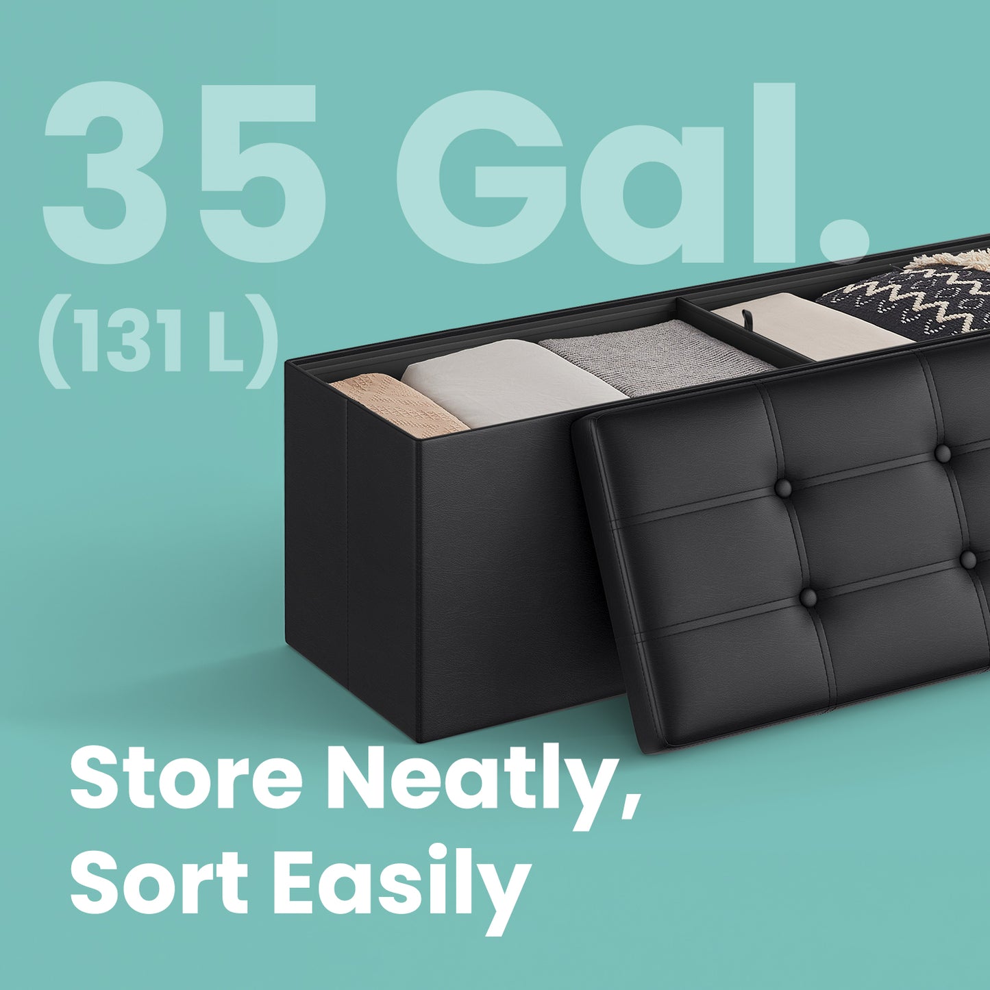 Collection - 43" Foldable Storage Ottoman Bench, 660lb Capacity, 3-in-1 Multi-Functional, Easy-Clean Synthetic Leather, Black