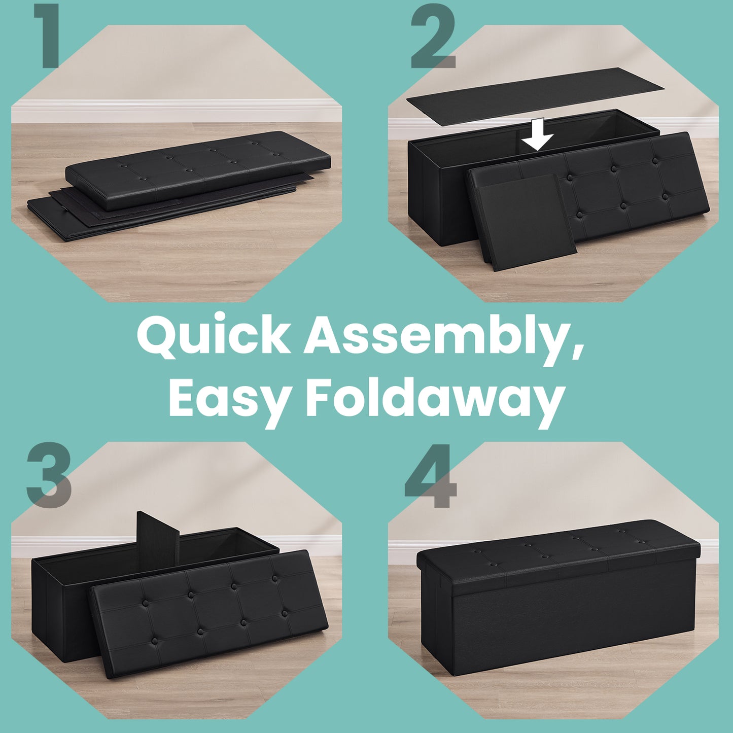 Collection - 43" Foldable Storage Ottoman Bench, 660lb Capacity, 3-in-1 Multi-Functional, Easy-Clean Synthetic Leather, Black