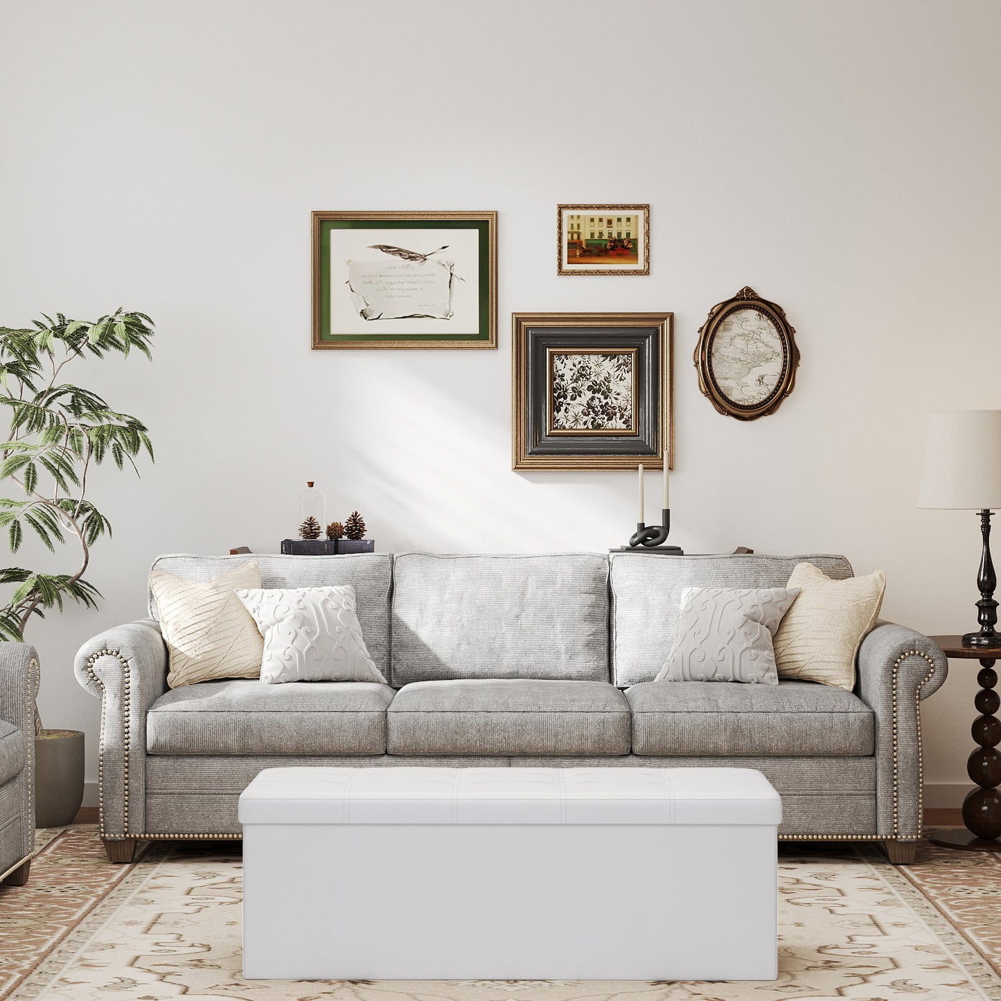 Collection - 43" Foldable Storage Ottoman Bench, 660lb Capacity, 3-in-1 Multi-Functional, Easy-Clean Synthetic Leather, White
