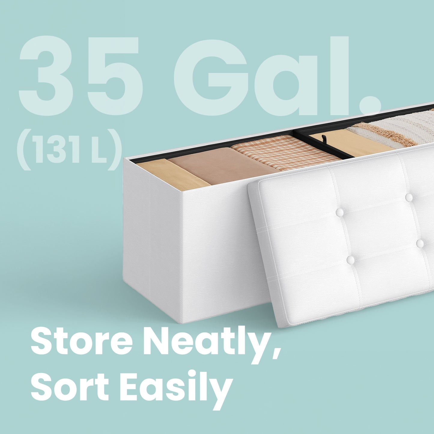 Collection - 43" Foldable Storage Ottoman Bench, 660lb Capacity, 3-in-1 Multi-Functional, Easy-Clean Synthetic Leather, White
