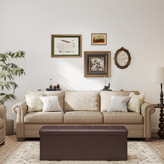 Collection - 43" Foldable Storage Ottoman Bench, 660lb Capacity, 3-in-1 Multi-Functional, Easy-Clean Synthetic Leather, Brown