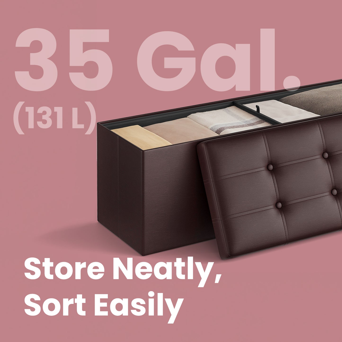 Collection - 43" Foldable Storage Ottoman Bench, 660lb Capacity, 3-in-1 Multi-Functional, Easy-Clean Synthetic Leather, Brown