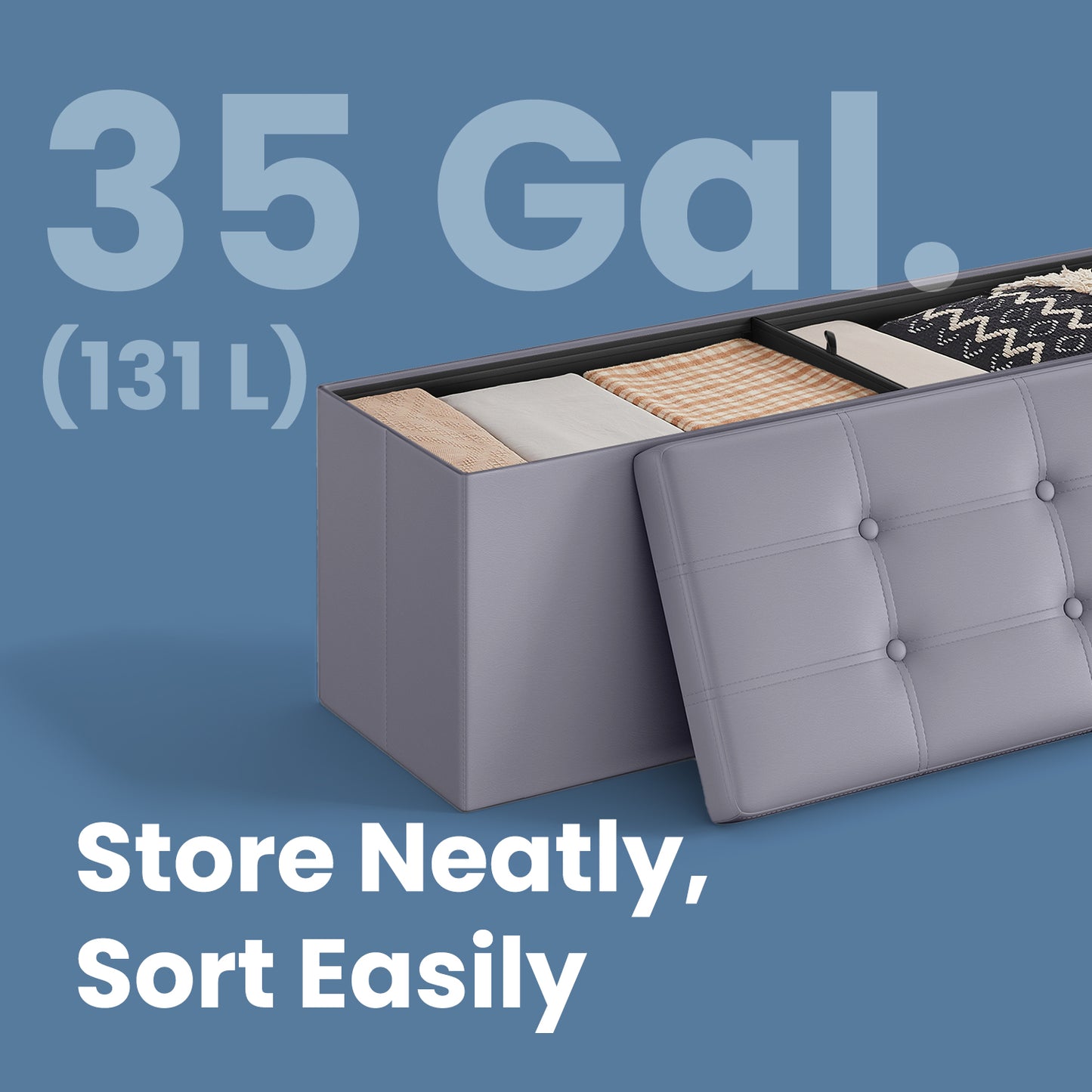 43" Folding Storage Ottoman Bench, 660lb Capacity, Multi-Use Footrest, 35 Gallon Storage Space, Easy Setup, Light Gray
