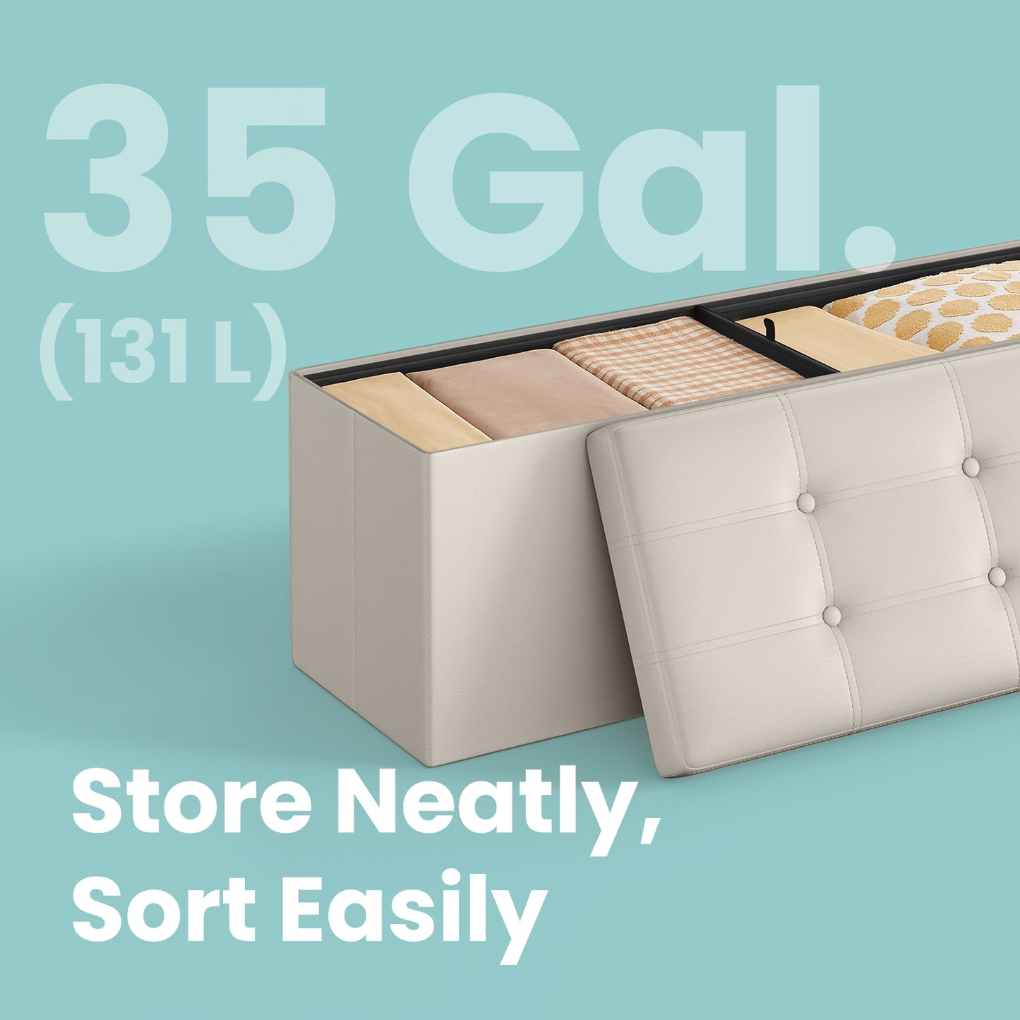 Foldable Storage Ottoman Bench, 300kg Capacity, Multi-Functional Footrest/Seat, 131L Storage Space, Quick Assembly, Beige