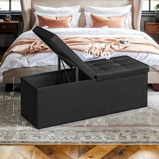 MAZIE Collection Storage Ottoman Bench, 43" Extra-Long, 660lb Capacity, Multi-Functional Footrest & Organizer, Synthetic Leather, Black