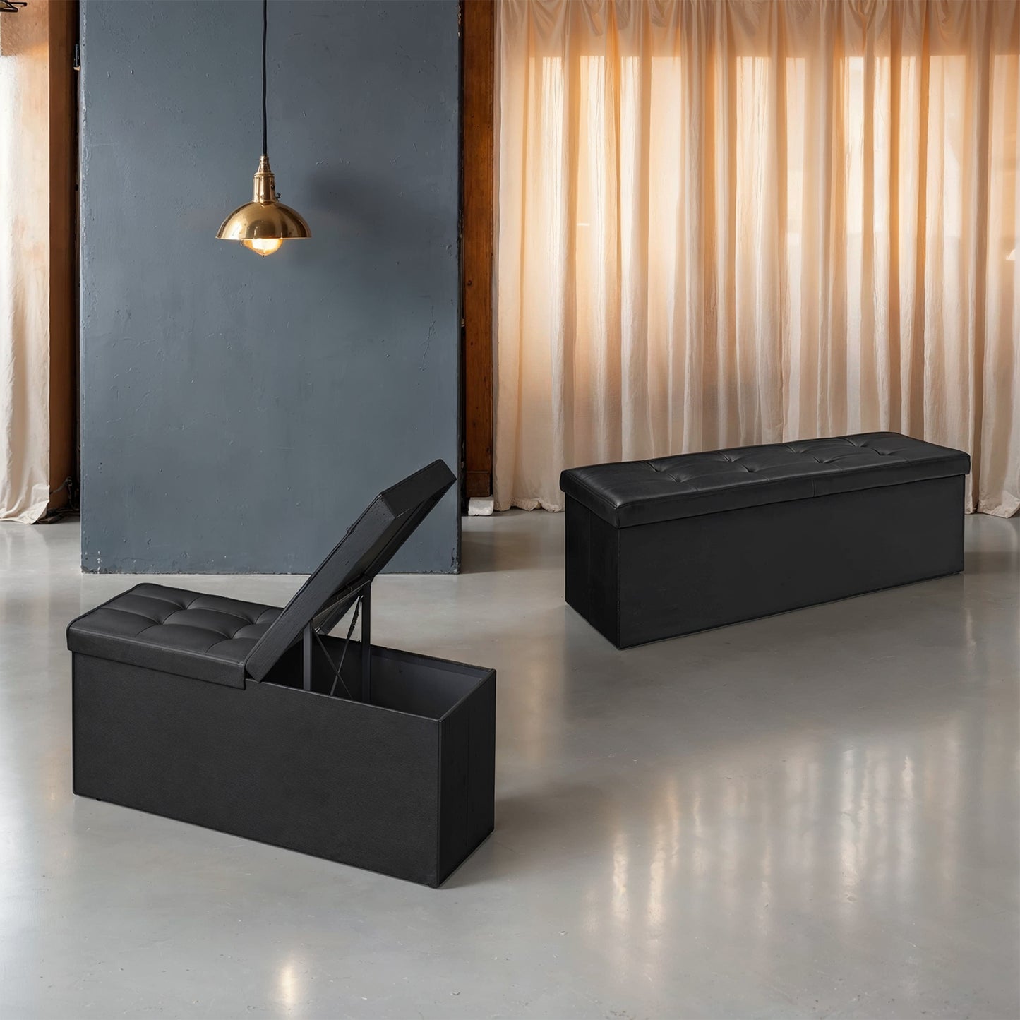 MAZIE Collection Storage Ottoman Bench, 43" Extra-Long, 660lb Capacity, Multi-Functional Footrest & Organizer, Synthetic Leather, Black