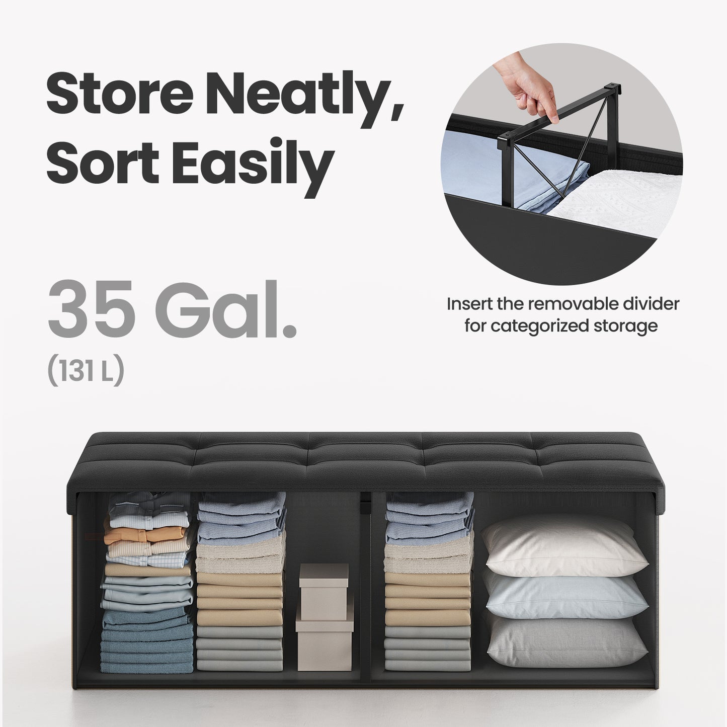 MAZIE Collection Storage Ottoman Bench, 43" Extra-Long, 660lb Capacity, Multi-Functional Footrest & Organizer, Synthetic Leather, Black