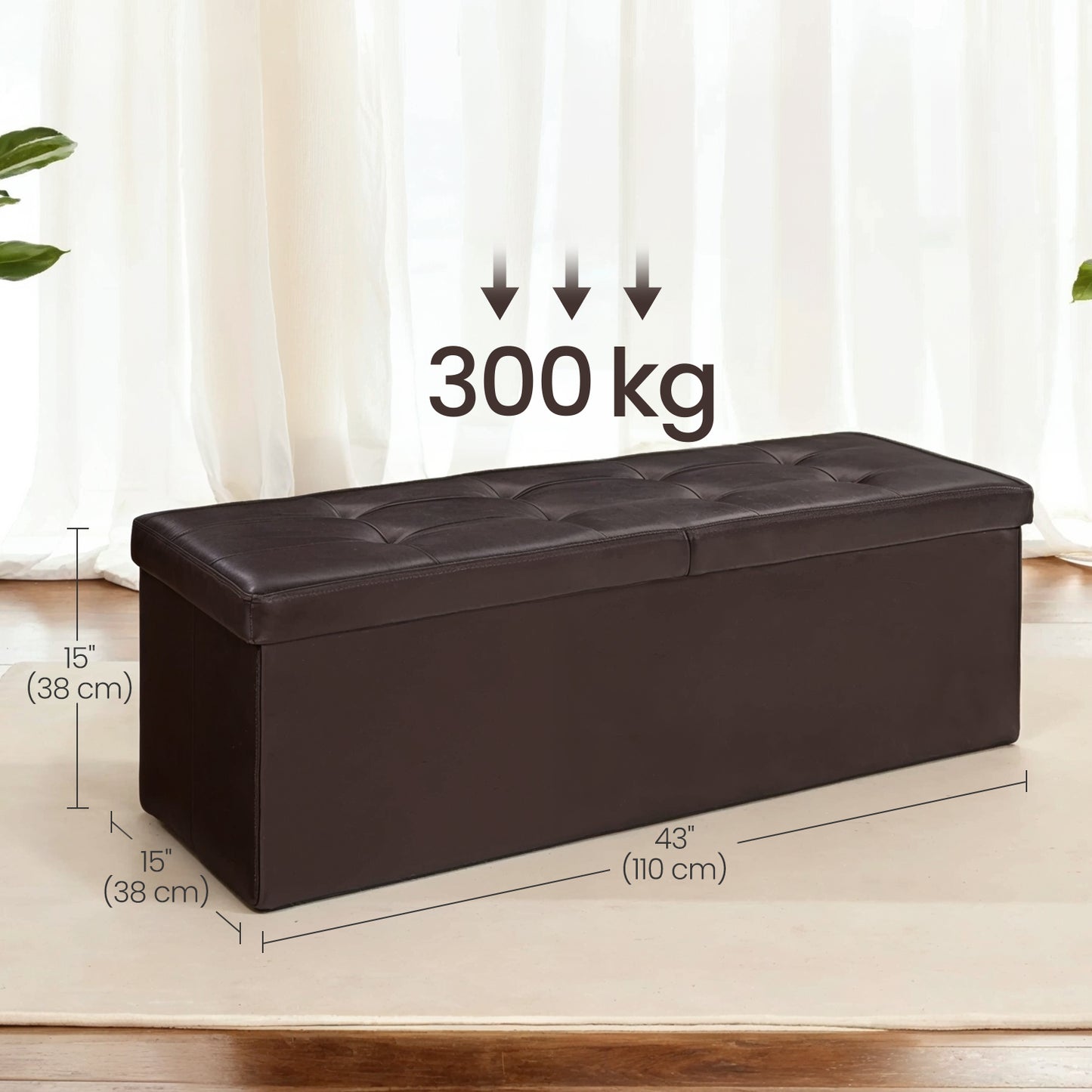 MAZIE Collection - 43" Foldable Storage Ottoman Bench, 660lb Capacity, Multi-Functional Footrest & Organizer, Removable Divider, Brown