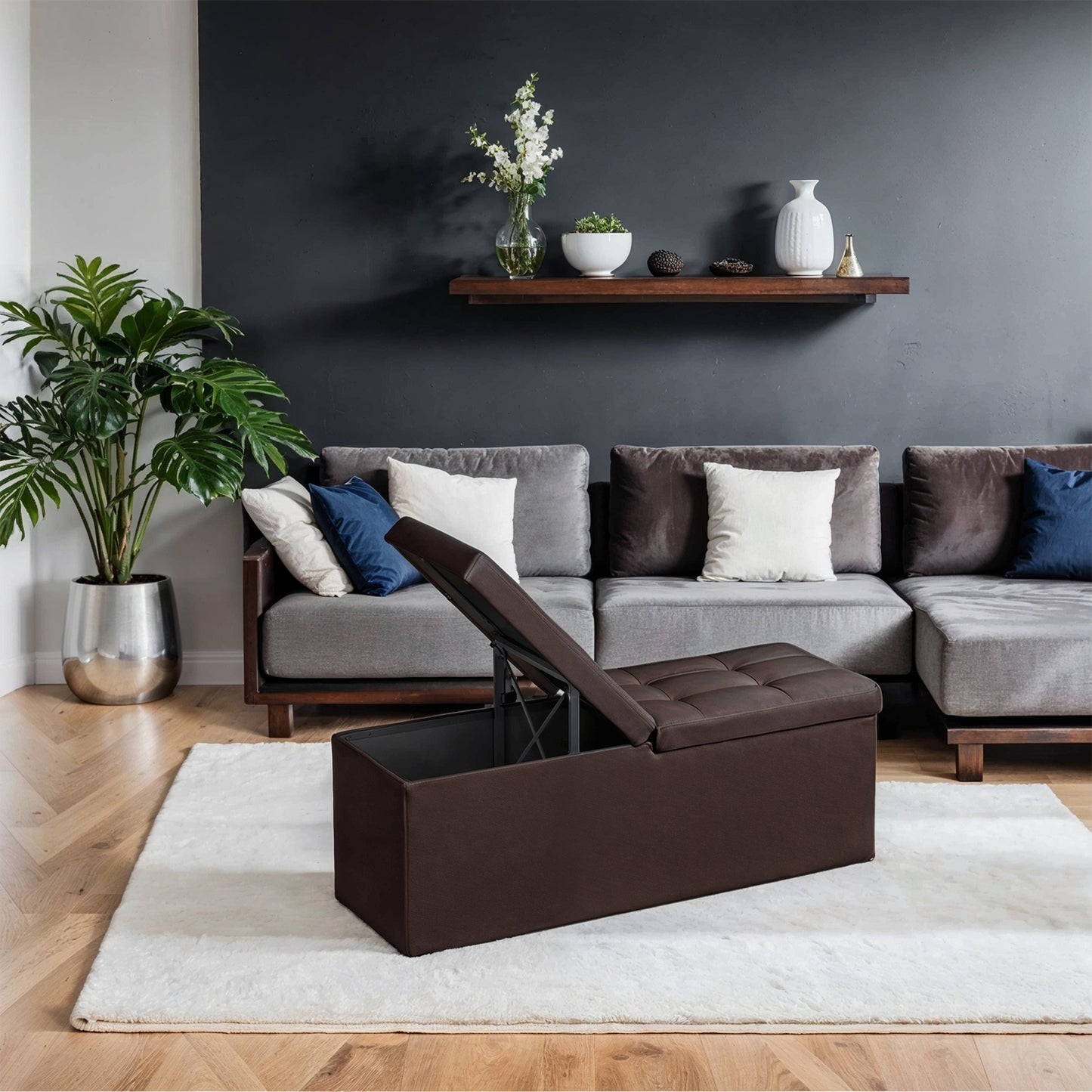 MAZIE Collection - 43" Foldable Storage Ottoman Bench, 660lb Capacity, Multi-Functional Footrest & Organizer, Removable Divider, Brown