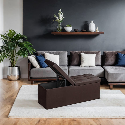 MAZIE Collection - 43" Foldable Storage Ottoman Bench, 660lb Capacity, Multi-Functional Footrest & Organizer, Removable Divider, Brown