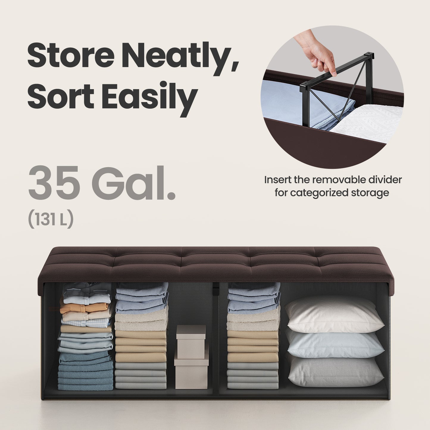 MAZIE Collection - 43" Foldable Storage Ottoman Bench, 660lb Capacity, Multi-Functional Footrest & Organizer, Removable Divider, Brown