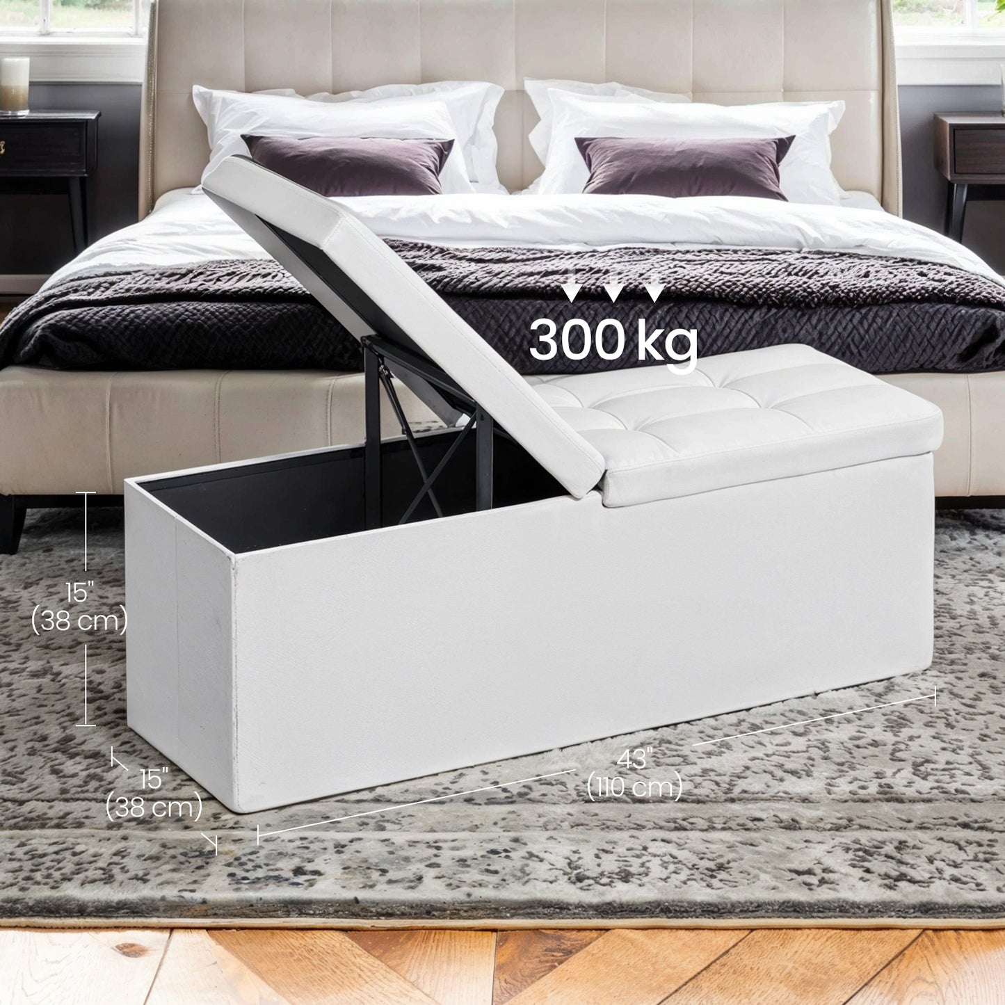 MAZIE Collection - 43" Foldable Storage Ottoman Bench, 660lb Capacity, Multi-Functional Footrest & Organizer, Removable Divider, White
