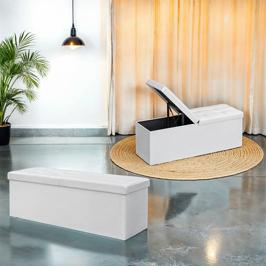 MAZIE Collection - 43" Foldable Storage Ottoman Bench, 660lb Capacity, Multi-Functional Footrest & Organizer, Removable Divider, White