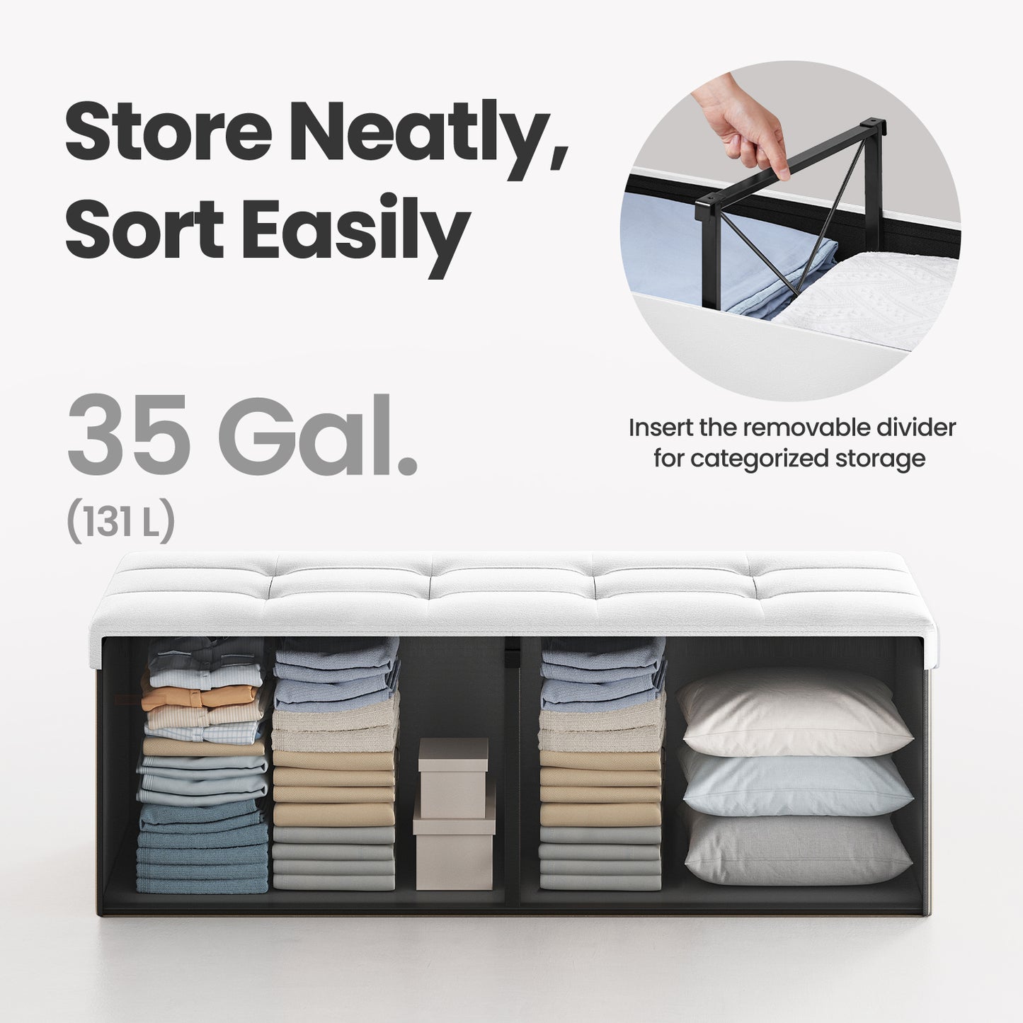 MAZIE Collection - 43" Foldable Storage Ottoman Bench, 660lb Capacity, Multi-Functional Footrest & Organizer, Removable Divider, White