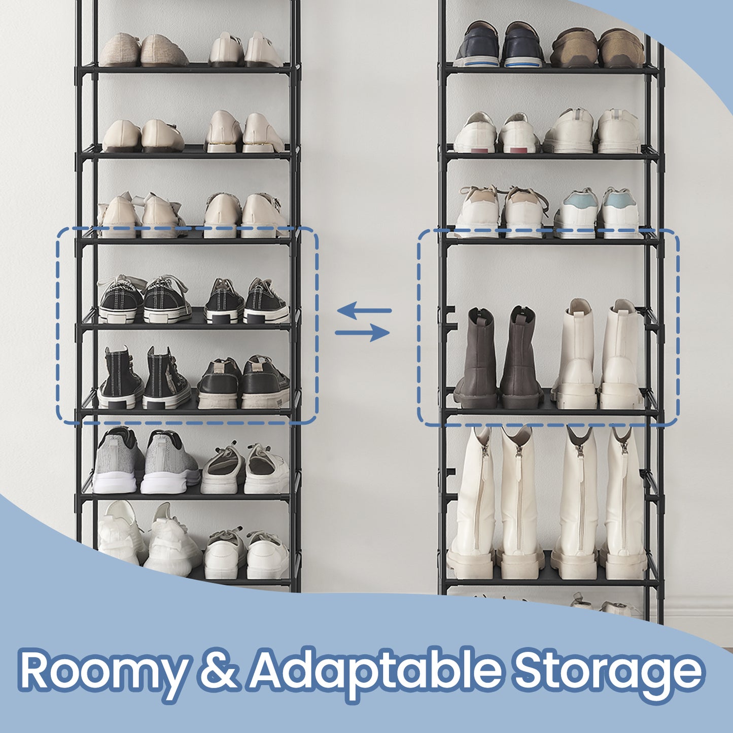 10-Tier Shoe Rack, Space-Saving Shoe Shelf Organizer, Sturdy Metal Frame & Non-Woven Shelves, for Entryway，Bedroom, Adjustable Height, Holds 30+ Pairs, Black