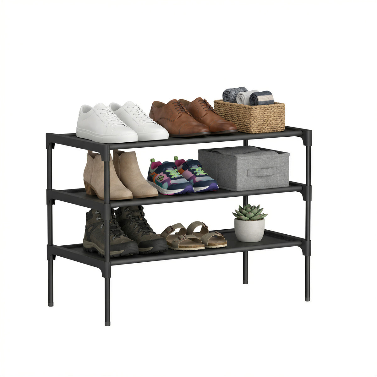 3-Tier Shoe Rack for Entryway, Compact Metal Frame Organizer with Non-Woven Shelves, Stackable, Space-Saving, Ink Black