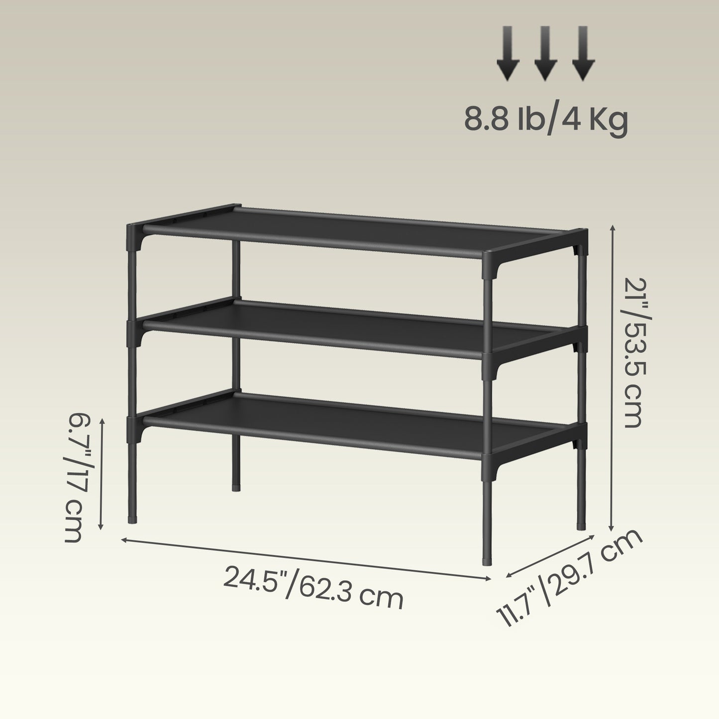 3-Tier Shoe Rack for Entryway, Compact Metal Frame Organizer with Non-Woven Shelves, Stackable, Space-Saving, Ink Black