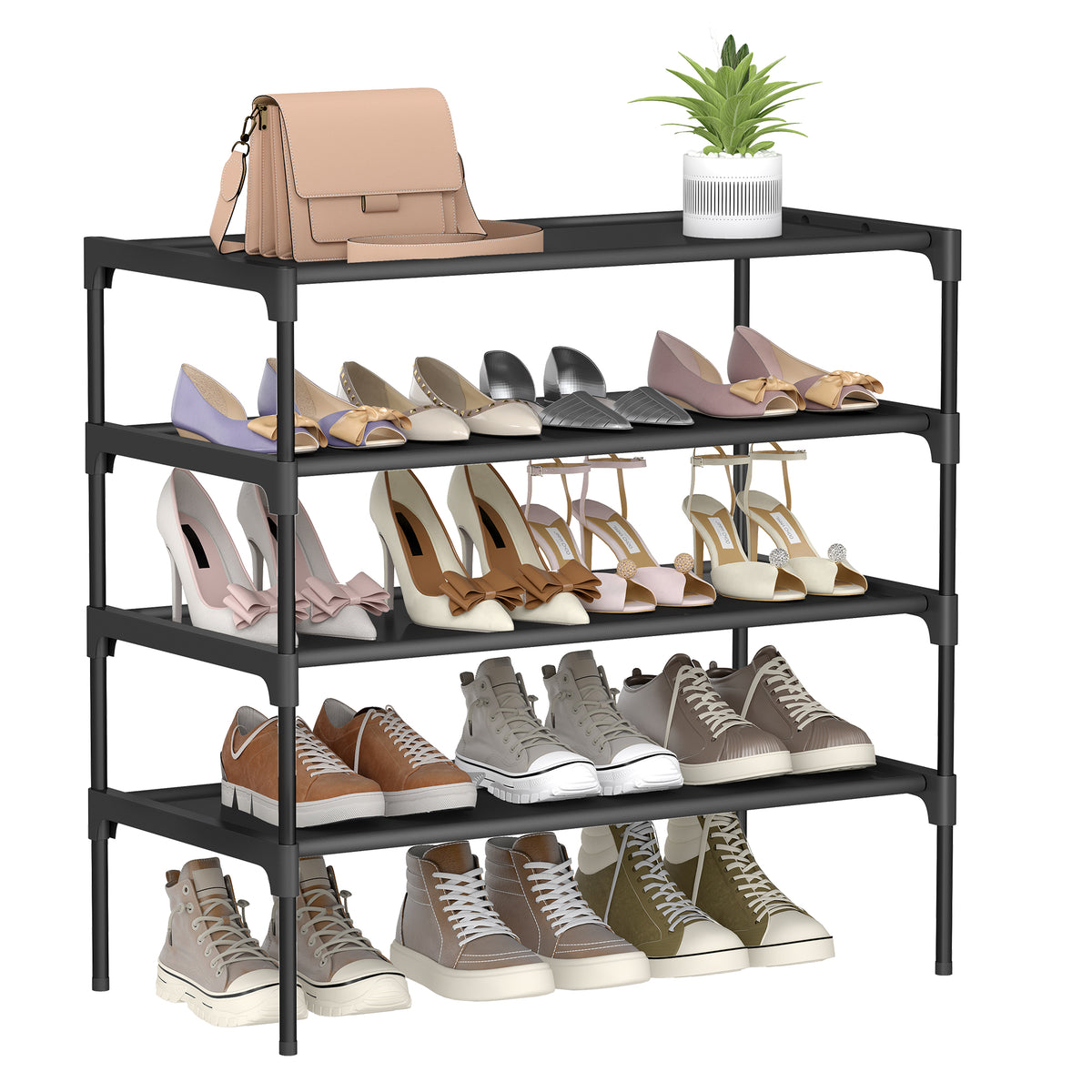 4-Tier Shoe Rack, Shoe Storage Organizer, Space-Saving Metal Frame with Non-Woven Shelves, for Entryway, Ink Black