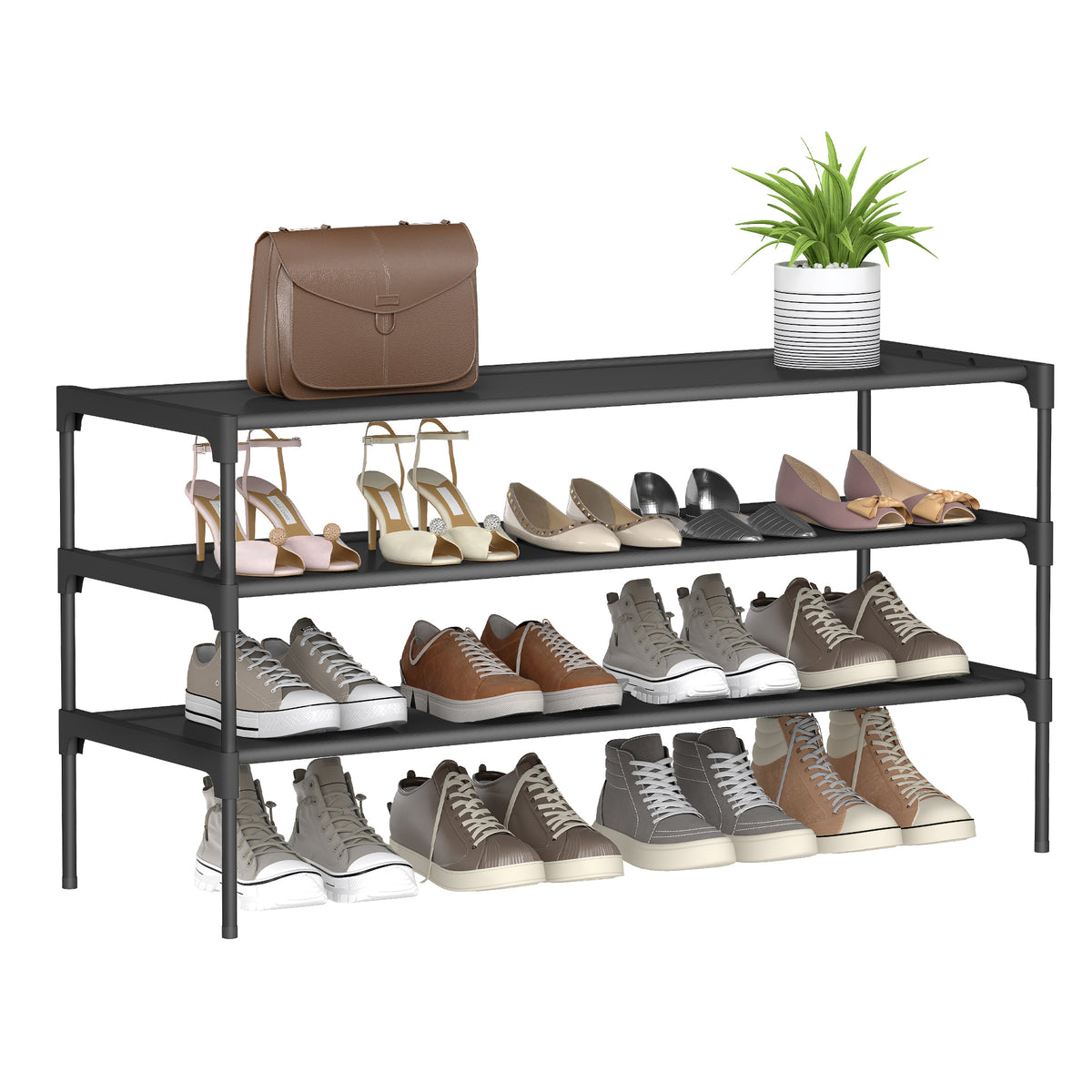 3-Tier Shoe Rack, Shoe Storage Organizer, Space-Saving Metal Frame with Non-Woven Shelves, for Entryway, Ink Black