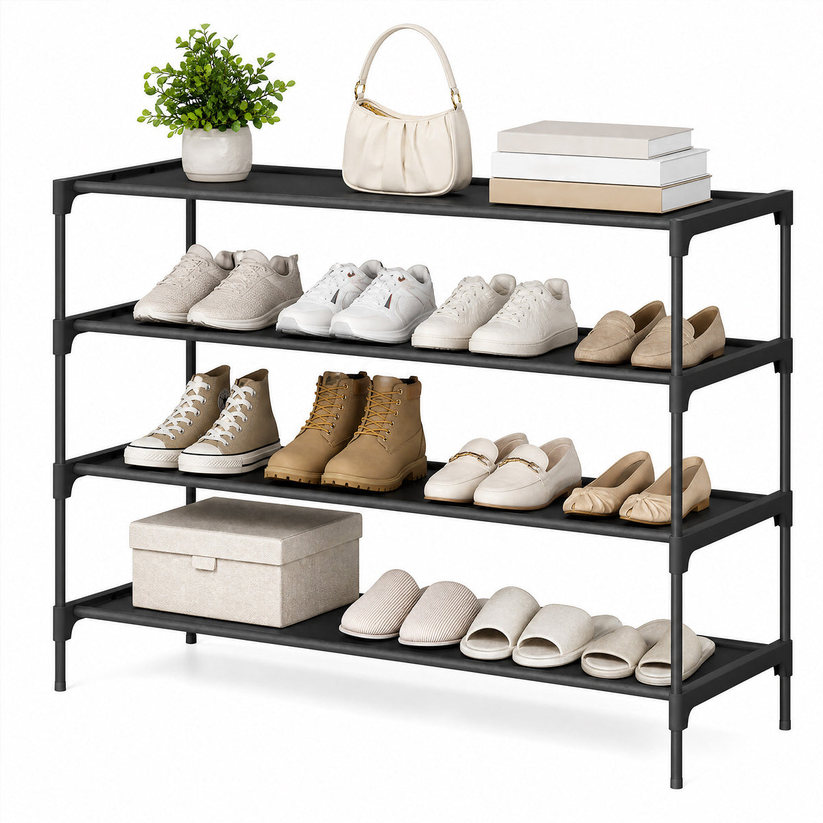 Shoe Rack, 4-Tier Shoe Organizer for Closet Holds Up to 40 Pairs Shoes, Shoe Shelf with Steel Frame and Non-Woven Fabric Shelves, Stackable, Black