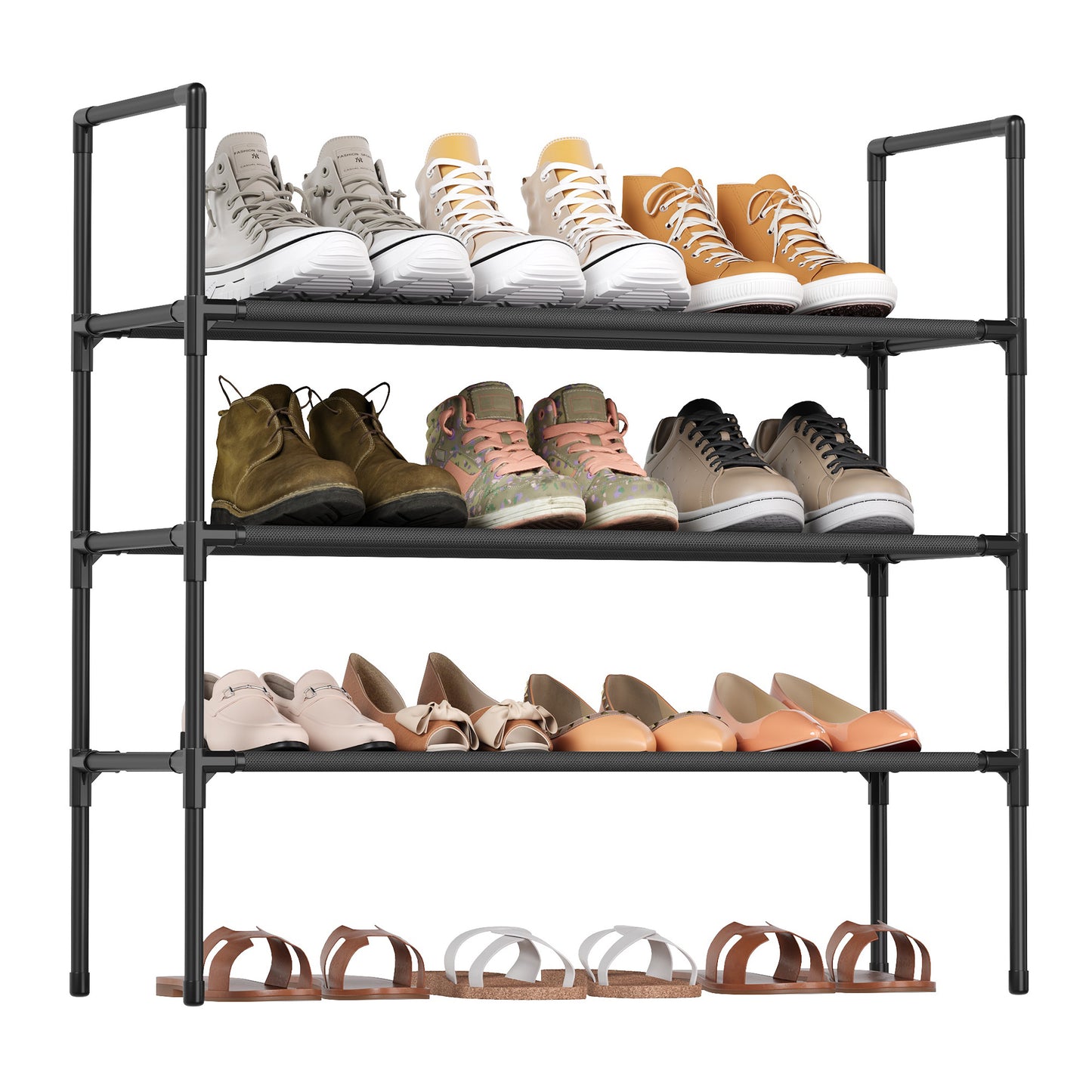 3-Tier Shoe Rack, Slim Space-Saving Shoe Storage for Hallway Closet, Metal Frame with Non-Woven Fabric Shelves, Ink Black