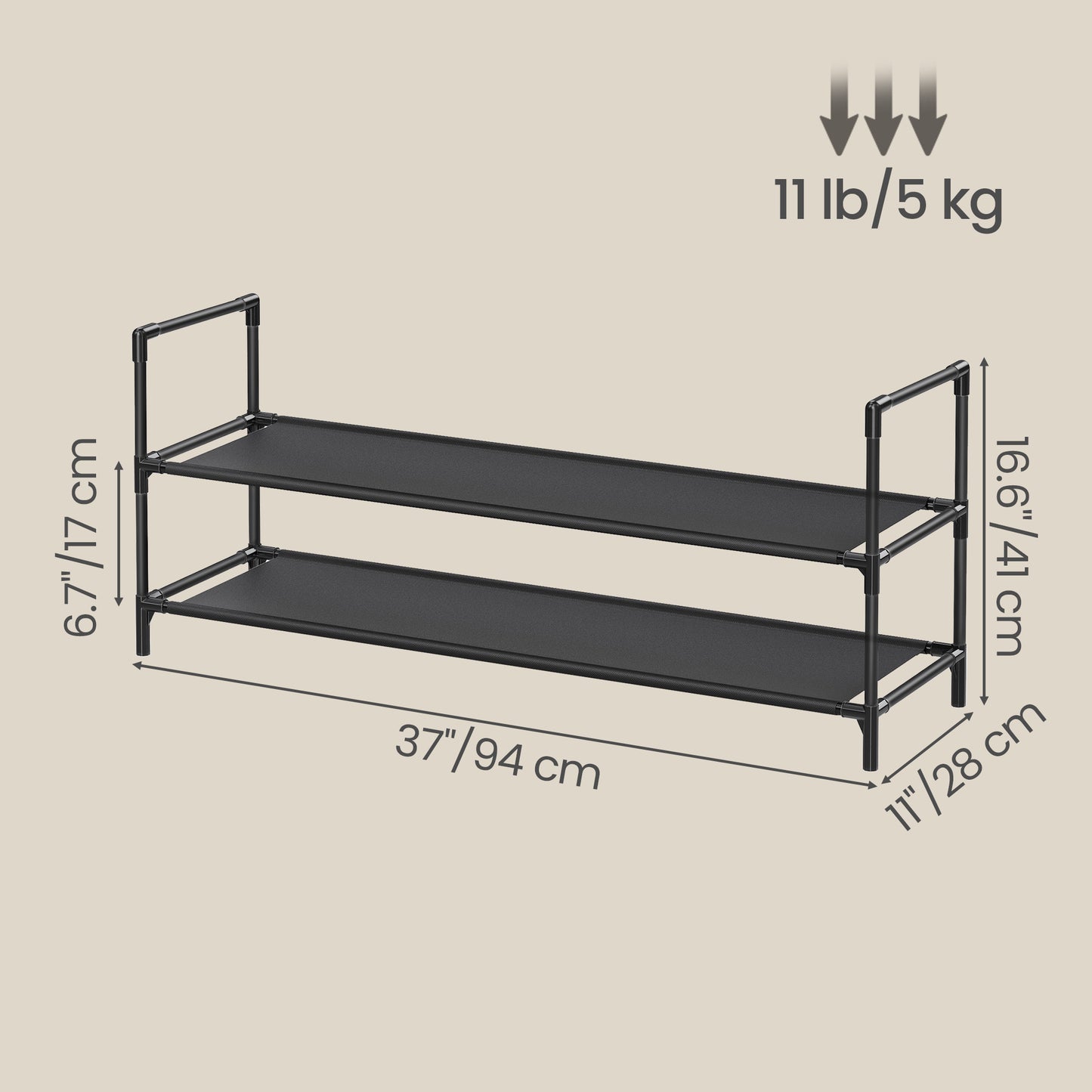 2-Tier Slim Shoe Rack, Space Saving Metal Frame Shoe Organizer with Non-Woven Fabric Shelves for Hallway and Closet, Black