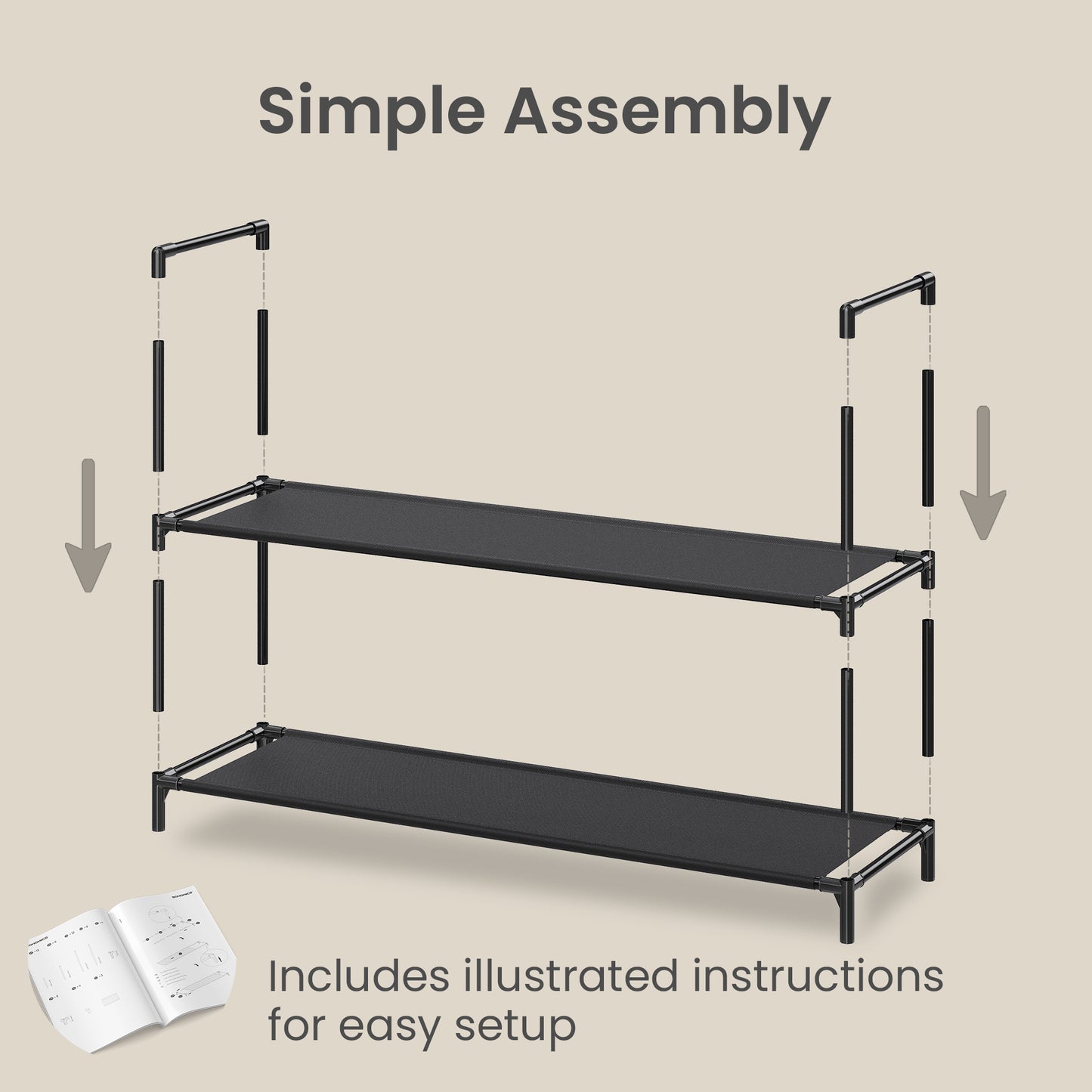 2-Tier Slim Shoe Rack, Space Saving Metal Frame Shoe Organizer with Non-Woven Fabric Shelves for Hallway and Closet, Black