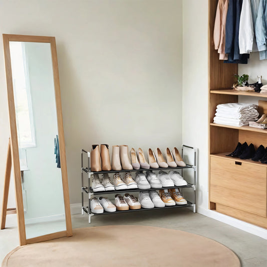 3-Tier Shoe Storage Rack for Hallway，Closet, Slim Space-Saving Design, Metal Frame & Non-Woven Shelves, Holds 12-15 Pairs, Easy Assembly, Black
