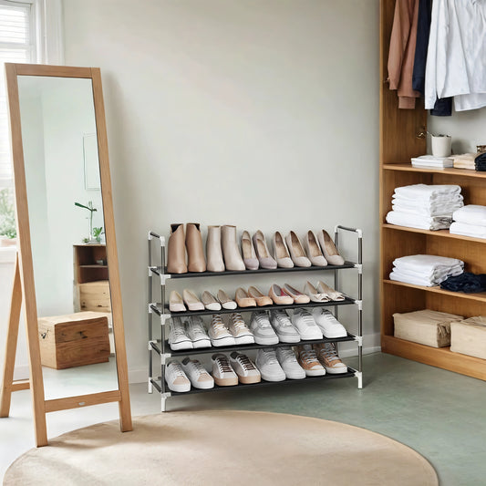 4-Tier Shoe Rack for Hallway & Closet – Slim Space-Saving Storage with Metal Frame & Non-Woven Shelves, Holds 16-20 Pairs, Black