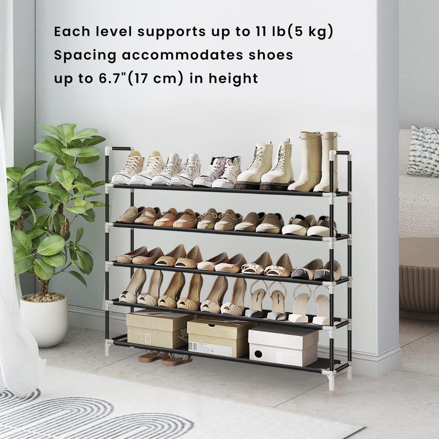 5-Tier Slim Shoe Rack for Hallway,Closet, Space-Saving Storage with Metal Frame & Non-Woven Shelves, Holds 20-25 Pairs, Black