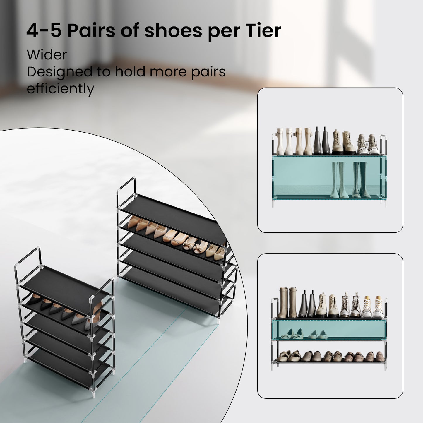 5-Tier Slim Shoe Rack for Hallway,Closet, Space-Saving Storage with Metal Frame & Non-Woven Shelves, Holds 20-25 Pairs, Black