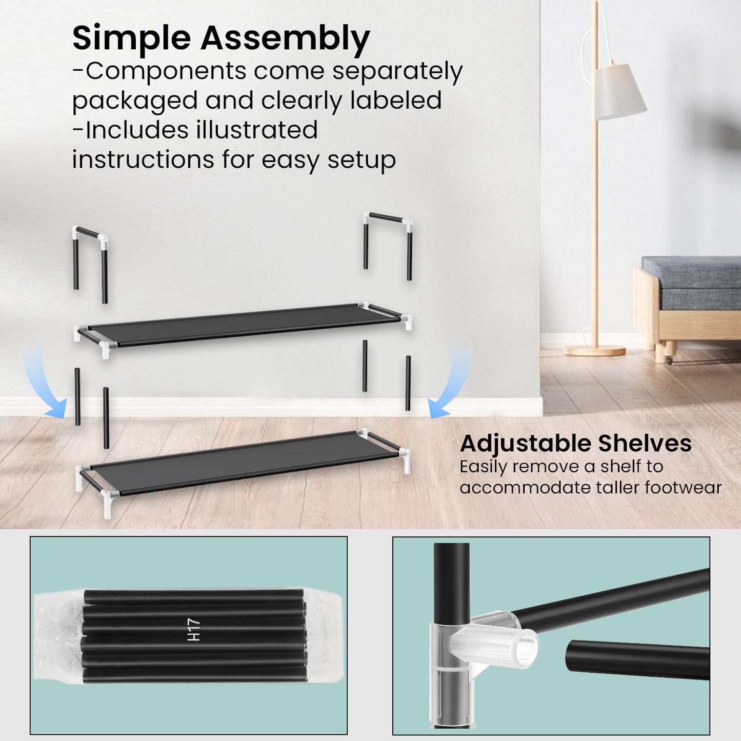 5-Tier Slim Shoe Rack for Hallway,Closet, Space-Saving Storage with Metal Frame & Non-Woven Shelves, Holds 20-25 Pairs, Black