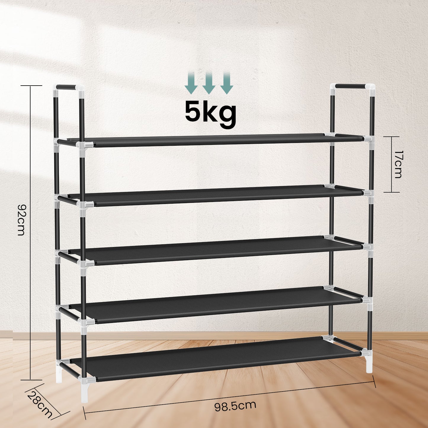 5-Tier Slim Shoe Rack for Hallway,Closet, Space-Saving Storage with Metal Frame & Non-Woven Shelves, Holds 20-25 Pairs, Black